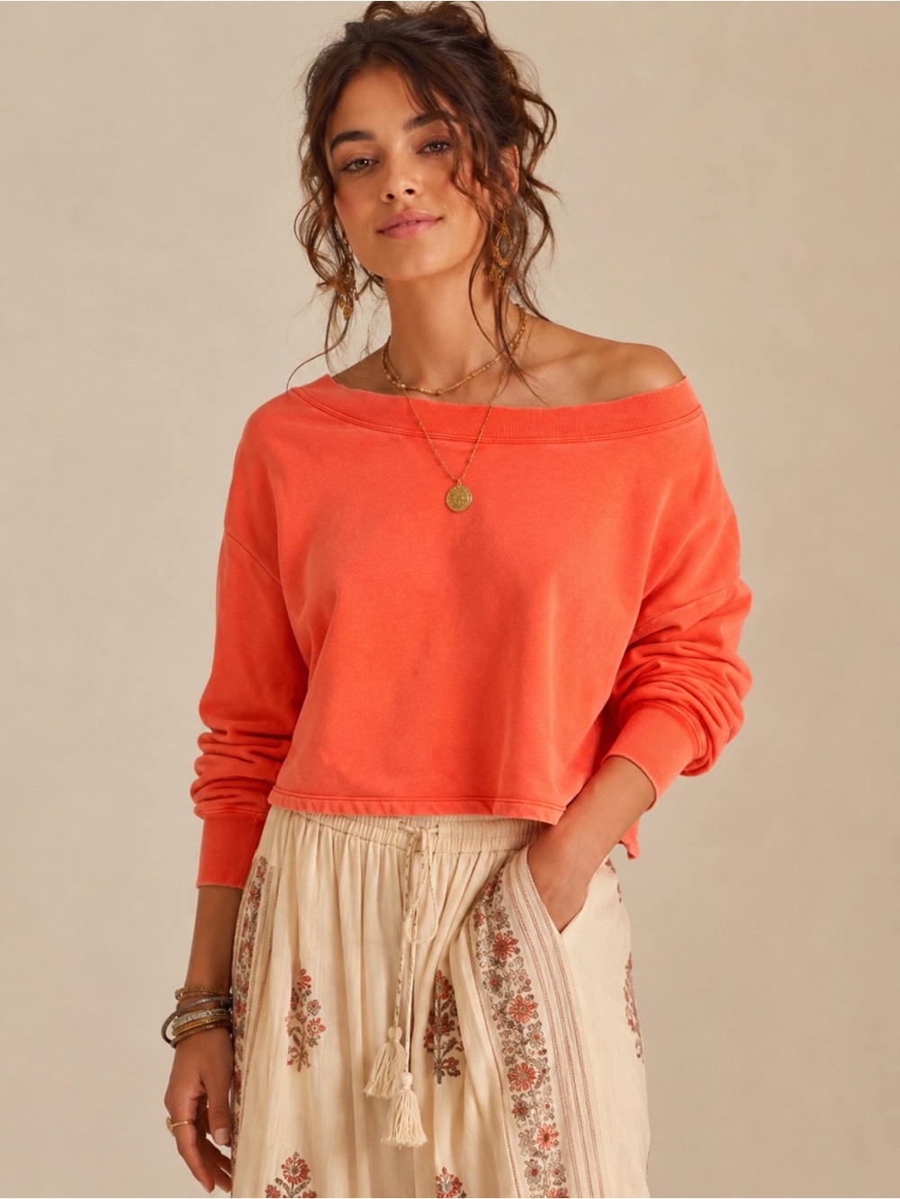 Anthropologie Daily Practice Coral Cropped Sweatshirt- Boho Off Shoulder